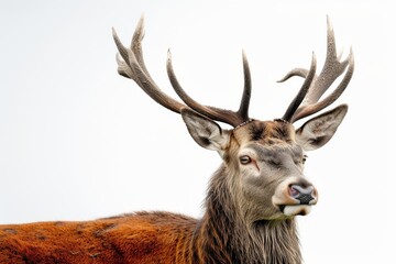 Naklejka premium Mystic portrait of Red Deer, copy space on right side, Anger, Menacing, Headshot, Close-up View Isolated on white background