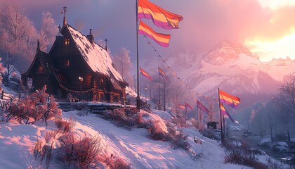 A quaint wooden cabin nestled in a snowy mountain valley at sunset, with flags waving in the wind.