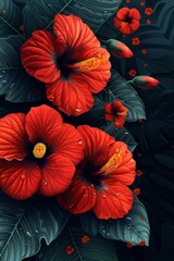 Red Flowers With Green Leaves Painting