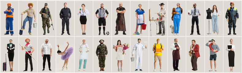 Collage about different professions. Group of men and women in uniform standing isolated on grey...