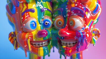 Cheerful 3D cartoon characters paint each other's faces with rainbow colors for Pride Month