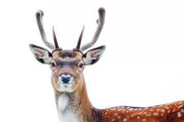 Fototapeta premium Mystic portrait of Sika Deer, copy space on right side, Anger, Menacing, Headshot, Close-up View Isolated on white background
