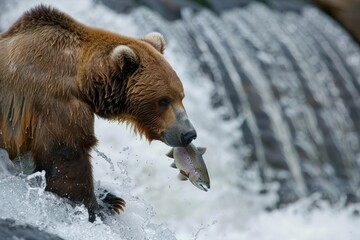 Fototapeta premium a image of a bear is catching a fish in its mouth