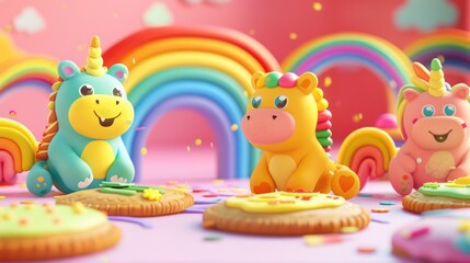 Obraz premium Adorable 3D cartoon animals nibble on rainbow cookies at a joyful Pride Month party