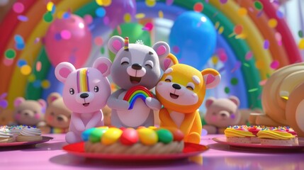 Fototapeta premium Adorable 3D cartoon animals nibble on rainbow cookies at a joyful Pride Month party