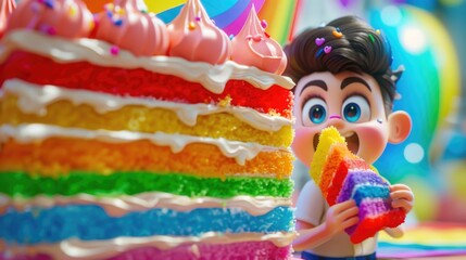 A whimsical cartoon character bites into a slice of rainbow cake at a Pride Month gathering