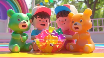 Adorable 3D cartoon friends share a bowl of colorful gummy bears at a Pride Month picnic