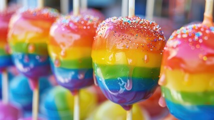 Animated animals savor rainbow candy apples at a lively Pride Month fair