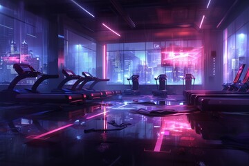 Futuristic gym interior with neon lights and cityscape view through large windows, reflecting modern, high-tech workout environment.