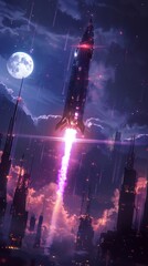 Futuristic night cityscape with a rocket launching into space, amidst towering skyscrapers and a glowing full moon in the background.