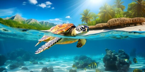 Hawksbill sea turtle swimming in blue ocean lagoon promoting World Ocean Day. Concept Wildlife Photography, Marine Conservation, Ocean Awareness, Sea Turtle Conservation, World Ocean Day