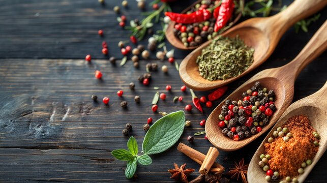 set of wooden spoons with various herbs, spices and powders on wooden background. copy space, place for text