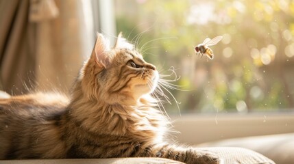 A plump Persian cat focused on a buzzing fly, paw raised and ready to strike in a sunny living room