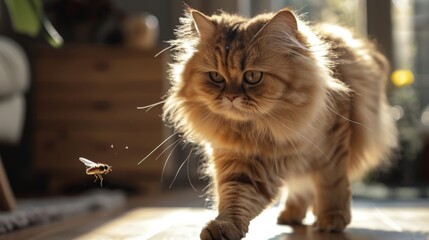 A plump Persian cat focused on a buzzing fly, paw raised and ready to strike in a sunny living room