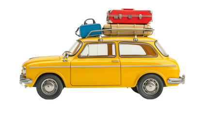 Obraz premium Retro yellow car with luggage and beach equipment
