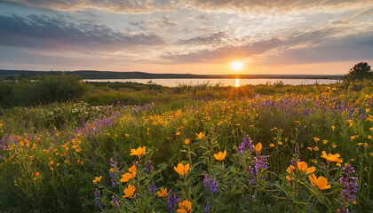 A tranquil lake at sunset with wildflowers in bloom along the shore. Ideal for nature calendars, travel brochures, and websites promoting serenity and relaxation.