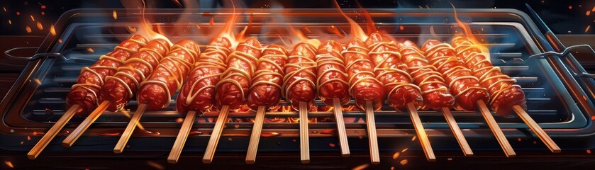 Delicious skewers sizzling on a hot grill, emitting flames and smoke, perfect for outdoor barbeque, cookout, and kitchen recipes.