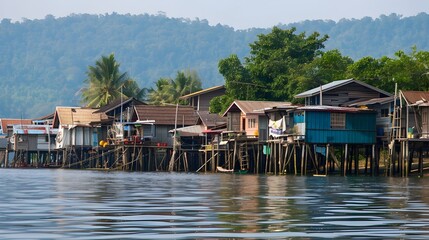 Fototapeta premium Traditional Stilt Houses in a Coastal Fishing Village of Southern Thailand