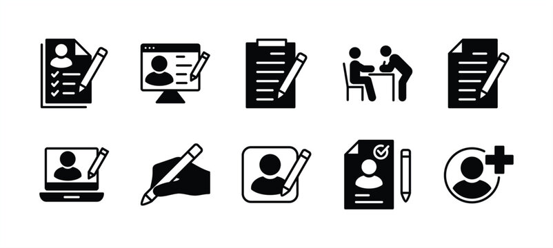Registration icon set. Containing added identity document data, receptionist, register online, sign up, create or edit or write information or form with pencil on paper. Vector illustration