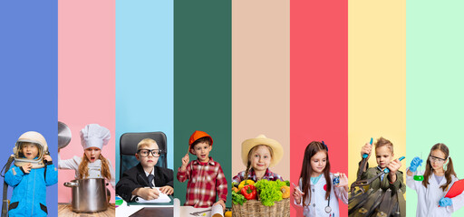 Collage. Portrait of little boys and girls, children in image of different professions posing isolated over multicolored background. Concept of profession,. employment, diversity, choice - Powered by Adobe