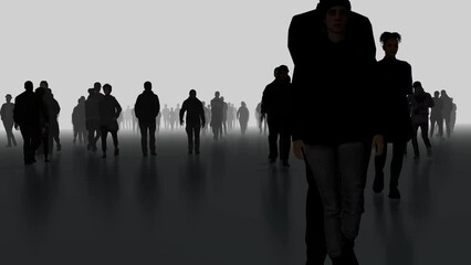 Silhouettes of many people walking in fog. People, spirits, phantoms, walking in mist, haze, after life plane.  Slow motion. 3d animation render