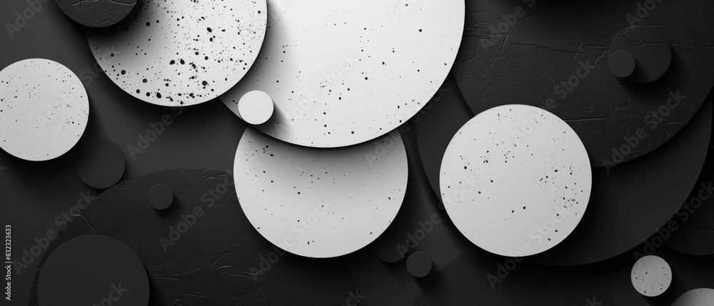 Poster abstract black and white geometric background with overlapping circular shapes and textured surfaces