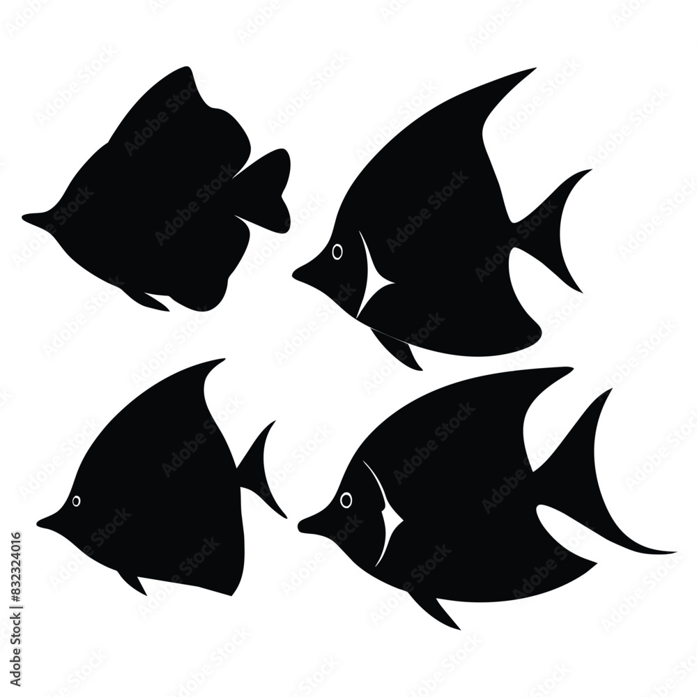 Wall mural Set of Butterfly Fish animal black silhouettes vector on white background