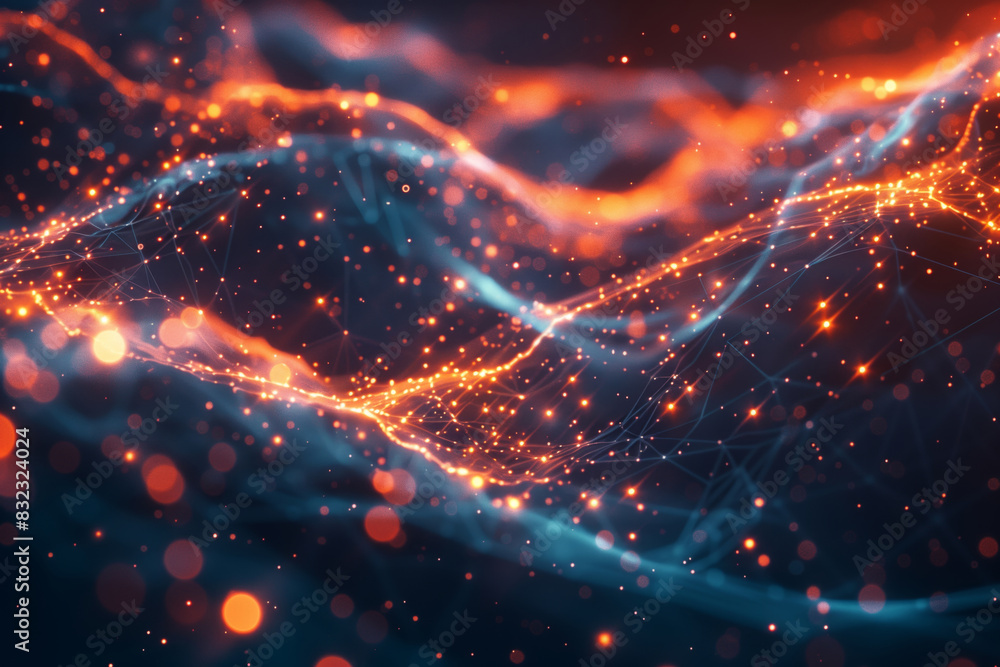 Poster abstract futuristic wave with glowing particles and lines, representing technology, data flow, and d