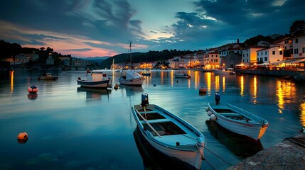 Tranquil Coastal Town at Blue Hour: Boats Gently Bob in Illuminated Harbor