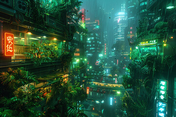 Vertical garden in a futuristic city, neon lights, urban jungle, cyberpunk style, digital painting