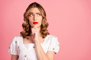 Photo portrait of pretty young girl look skeptical minded empty space wear trendy white outfit...