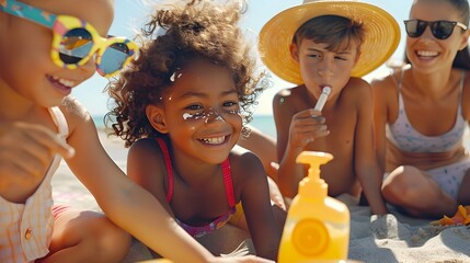Safe Summer Fun: Kids and Parents Practicing Responsible Sun Protection at the Beach