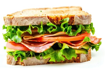 Delicious Sandwich with Crisp Bacon, Fresh Lettuce, and Tomato on White Background