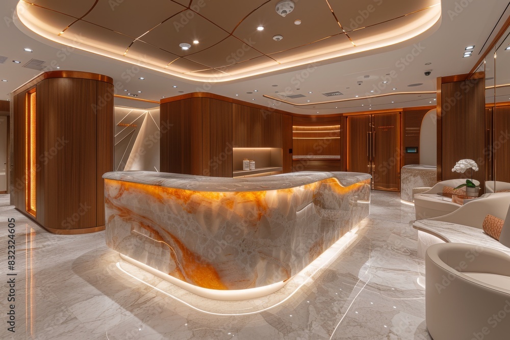 Poster Luxurious lobby interior with marble accents, elegant lighting, and modern design elements, creating a sophisticated and welcoming atmosphere in a high end hotel setting