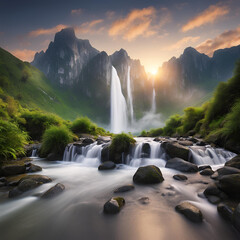 Beautiful natural landscape of waterfalls and mountains at dawn.