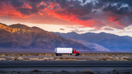 A red truck is driving on the highway in front of mountains, with beautiful sunset light and clouds