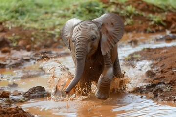 Curious Baby Elephant Splashing in Muddy Puddle on African Safari