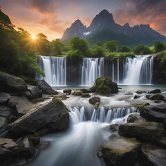 Beautiful natural landscape of waterfalls and mountains at dawn.