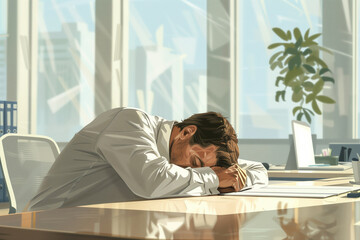 Exhausted businessman sleeping on office desk, sunlight streaming through modern glass windows.