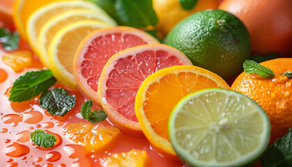Fresh citrus fruits including lime, lemon, orange, and grapefruit slices with mint leaves, arranged on a vibrant background of juice droplets.