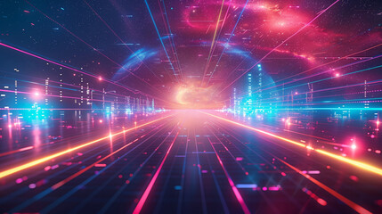 Futuristic neon lights and data streams in a digital cyber space, depicting a high-tech, sci-fi environment with a vibrant energy.
