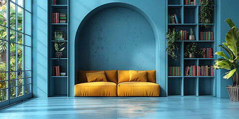 Innovative Modern Workspace: Bold Colorful Notebook Collection on Pastel Blue Canvas with Striking Frame