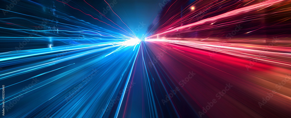 Poster abstract illustration depicting high-speed light trails in 3d, creating a dynamic and futuristic bac