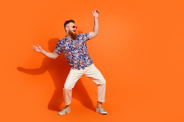 Full size photo of funky man wear print shirt white pants in glasses dancing look at sale empty...