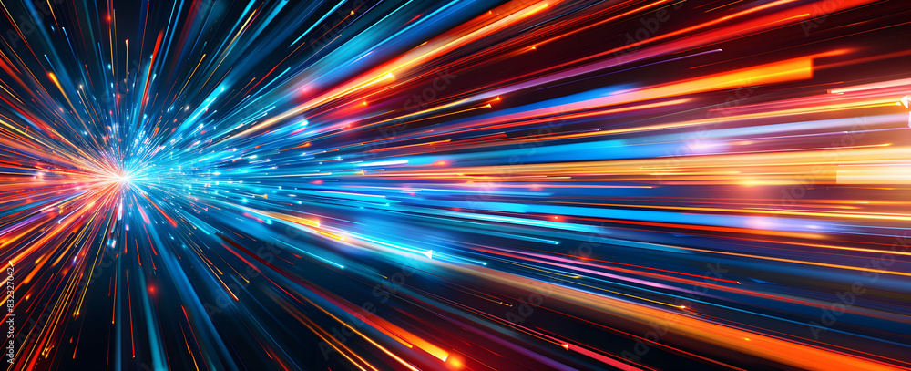 Poster abstract illustration depicting high-speed light trails in 3d, creating a dynamic and futuristic bac