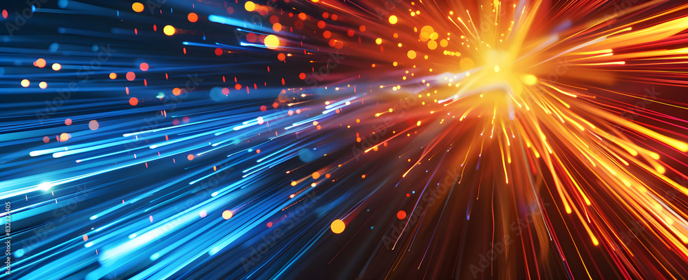 Poster abstract illustration depicting high-speed light trails in 3d, creating a dynamic and futuristic bac