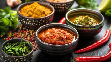 A variety of Thai curry pastes in bowls, including red, green, and yellow, displayed with fresh ingredients in the background