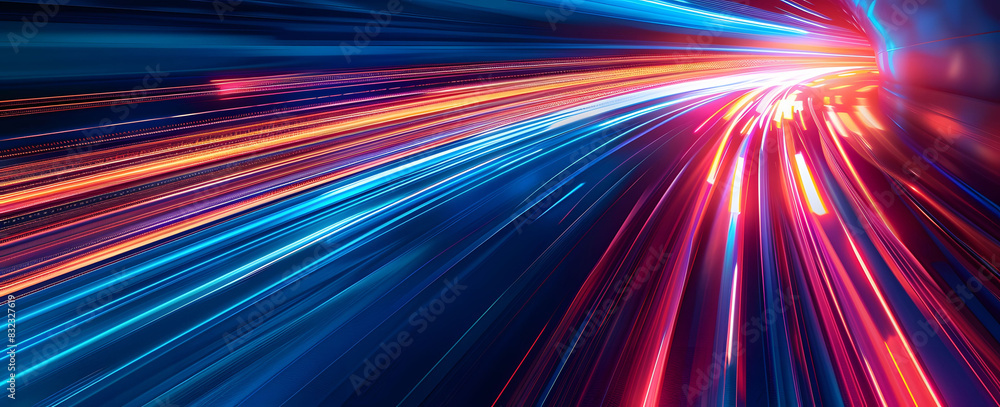 Poster abstract illustration depicting high-speed light trails in 3d, creating a dynamic and futuristic bac
