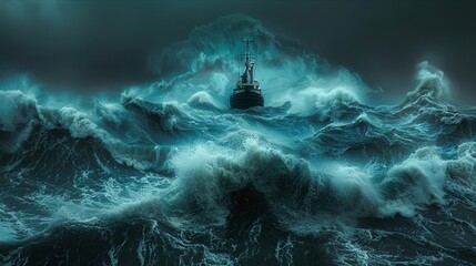 Stormy seas and towering waves challenging a solitary vessel in rough waters