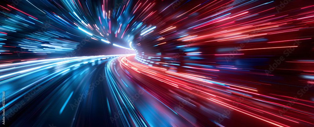 Poster abstract illustration depicting high-speed light trails in 3d, creating a dynamic and futuristic bac